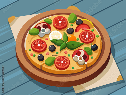 Delicious Pizza with Fresh Toppings on Wooden Board