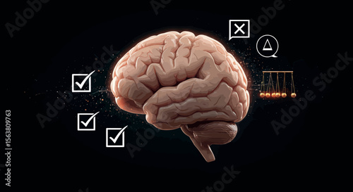 3d brain with checklist and decision-making elements on black background