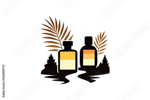 Two Amber Glass Perfume Bottles with Palm Leaves and Soft Shadows silhouette on white background.01