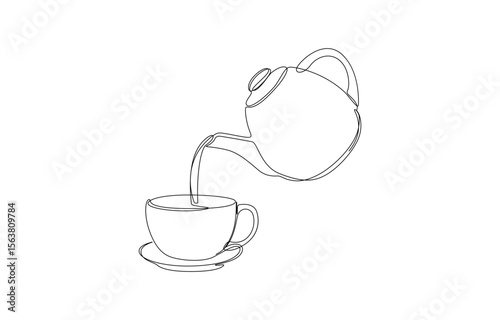 Coffee time kettle pouring in cup continuous line art drawing