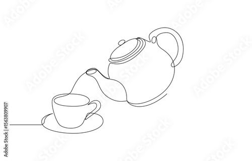 Coffee time kettle pouring in cup continuous line art drawing