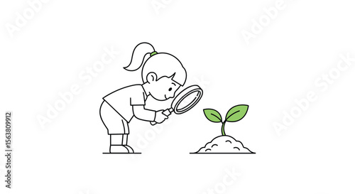 Young child with magnifying glass examining a small green plant growing from a mound of soil in a simple line drawing illustration