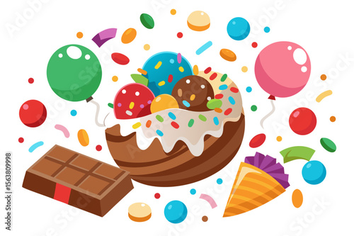 Sweet Treat Celebration with Ice Cream, Chocolate, and Balloons