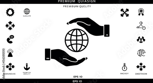 Hands protecting globe silhouette with gear and communication icons