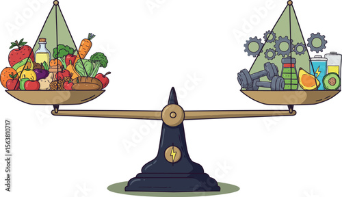 Balanced lifestyle: healthy food and fitness equilibrium