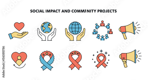 Community projects and social impact icons set with charity and support themes