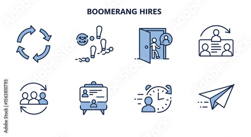 Boomerang hires: blue linear icons on employee return and recruitment