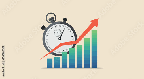 Stopwatch with growing bar chart and upward arrow indicating business growth