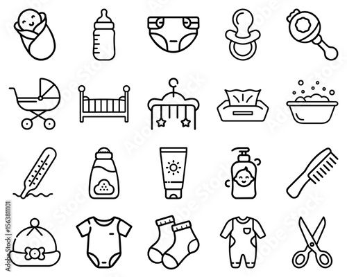 Newborn, Simple Outline Icons Set of baby essentials in minimalist style