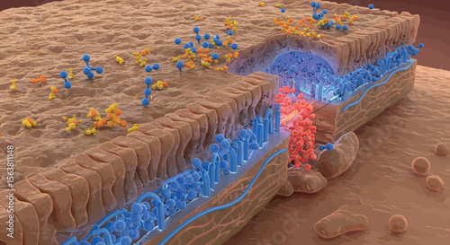 Cross-sectional view of cell membrane with protein channels and molecules