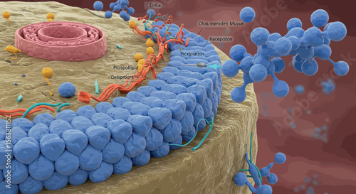 Detailed 3d rendering of cellular membrane with receptors and lipid bilayer