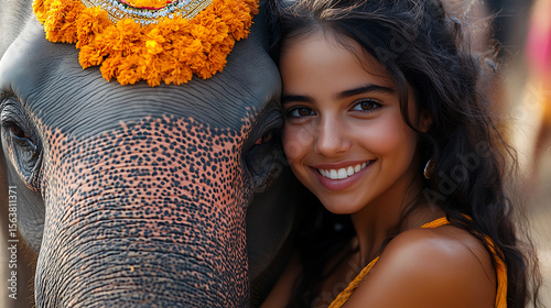 Close-up of elephant’s decorated forehead and girl’s smiling face in harmony colorful scene white background 