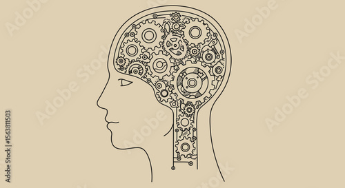 Intricate linear gear mechanisms inside human mind silhouette