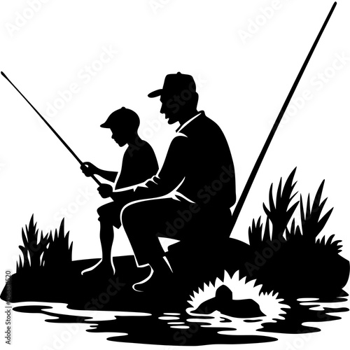 father and son fishing shilhoutte on white background