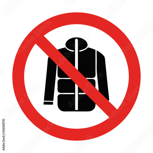 No jackets allowed sign. Red circle with a cross over black jacket image. Prohibition symbol for no outerwear in building or area. Simple no jackets allowed sign for public places.