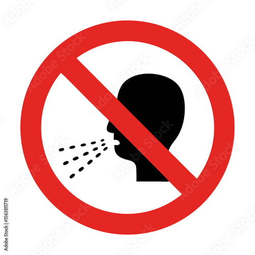 No spitting sign. Red circle with slash across silhouette of person spitting droplets. Prohibiting spitting symbol for public places, hygiene rules, and health regulations.