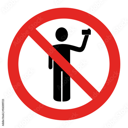 No selfie allowed sign. Simple prohibition symbol design with person holding camera.  Prohibition icon for public places, social media, or website.