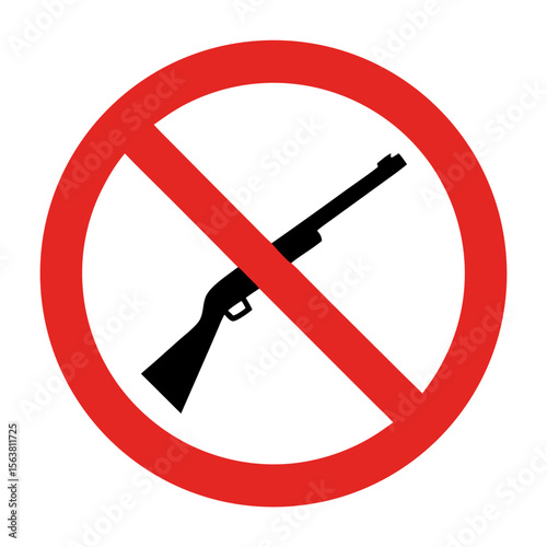 No hunting allowed sign with rifle image inside red circle. Prohibition symbol for restricted areas.  No hunting zone sign for safety and regulation purposes.