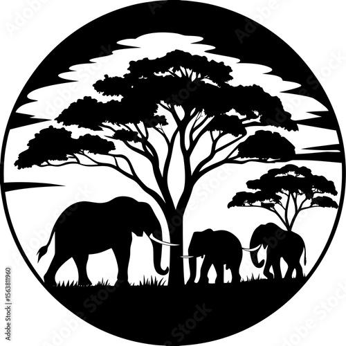 elephants in africa shilhoutte on white background