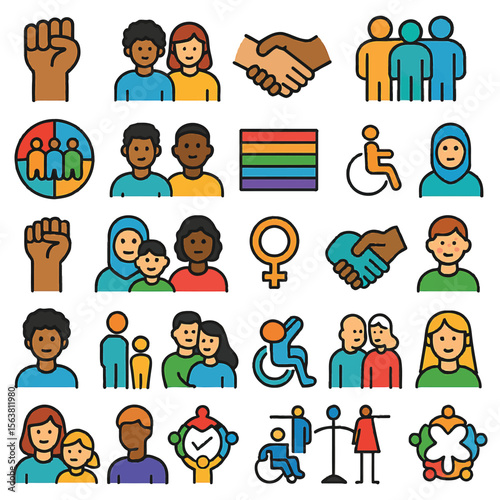 Diversity & Equality Icons – Unity, Inclusion, Disability, Gender Symbols & Cultural Representation in Bold Line Art