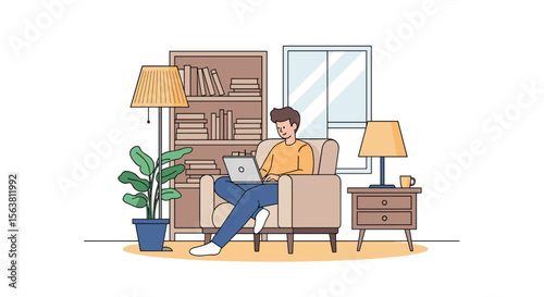A young man working on his laptop comfortably in his living room enjoying his free time