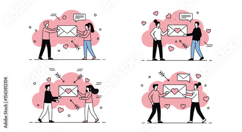People exchanging love letters and messages with hearts and communication symbols in a friendly digital interaction concept