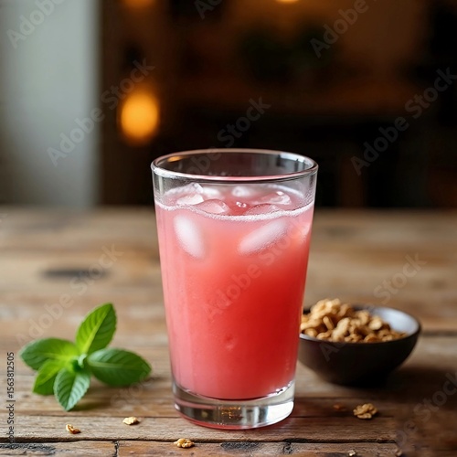 Wallpaper Mural  Refreshing Pink Fruit Drink with Ice and Nuts on Wooden Table
 Torontodigital.ca
