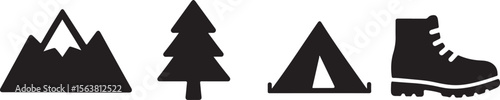 Simple vector pack of mountain, tree, tent, and hiking boot icons representing outdoor adventure and camping.
