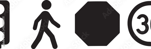 Silhouette vector icons of transportation signs including traffic light, pedestrian, stop sign, and speed limit.
