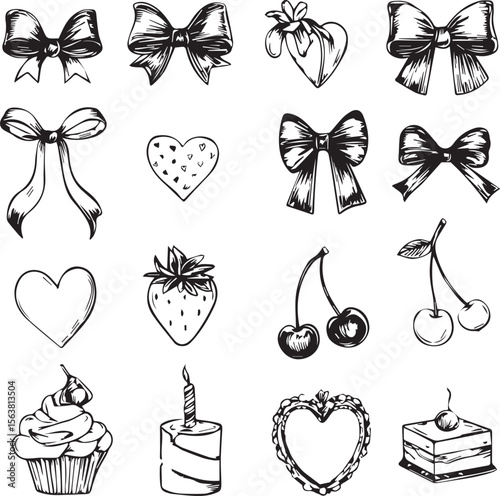 Set of hand drawn coquette ribbon decoration black and white 