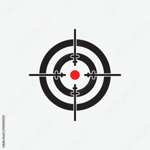 Simple flat target icon with concentric black and white circles, centered red dot, and crosshairs. Minimalist, geometric design with top-down view and no background.