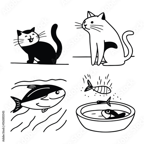 Black and white cats and fish kitten bowl