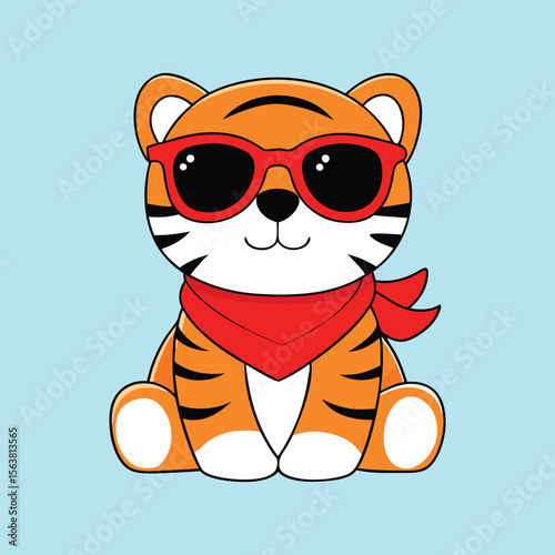 Cute cartoon tiger wearing sunglasses and red bandana illustration