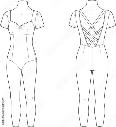 Technical sketch of fitted bodysuit with sweetheart neckline, crisscross back straps, short sleeves, and stitched seam detailing, front and back views