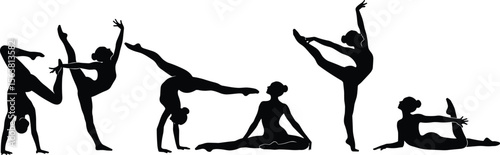 Silhouettes of gymnasts or dancers in acrobatic poses, showcasing flexibility, balance, and motion, black figures on white background, symbolizing expression, strength, and grace