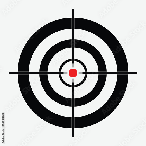 Simple flat target icon with concentric black and white circles, centered red dot, and crosshairs. Minimalist, geometric design with top-down view and no background.
