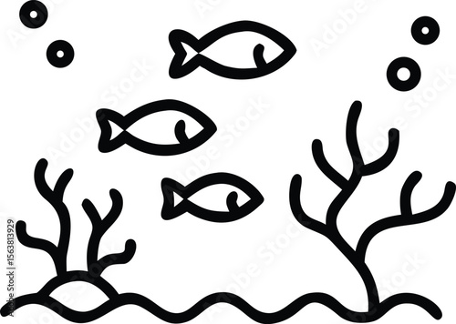 Three stylized black fish swim above stylized black coral in a white underwater scene bubbles are present