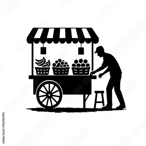 Vintage Fruit Vendor Silhouette with Striped Cart and Baskets of Produce – Black and White Vector