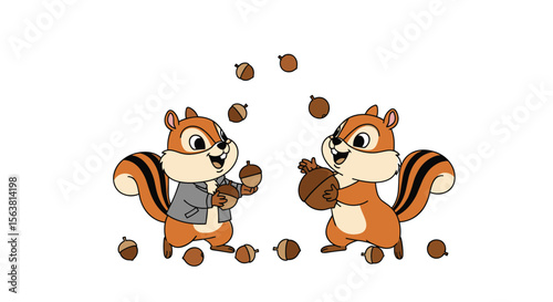 Two adorable chipmunks happily juggling a pile of acorns on a white background demonstrating their playful nature