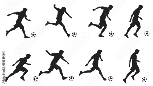 Silhouette Collection of Soccer Players in Dynamic Action Poses, Isolated on Clean White Background for Sports and Athletic Vector Design