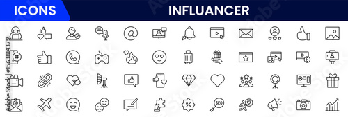 Influencer and blogging line icons collection. Big UI icon set in a flat design. Thin outline icons pack. Vector illustration