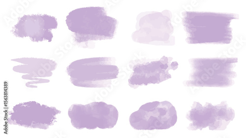 Delicate lavender watercolor stains. Light purple textured brushstrokes of different shapes. Clip art. Vector graphics