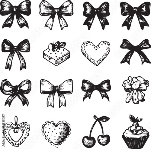 Set of hand drawn coquette ribbon decoration black and white 