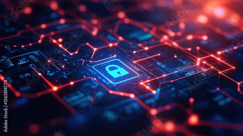 A digital circuit board glowing with red and blue lights centers around a padlock icon, symbolizing cybersecurity and data protection.