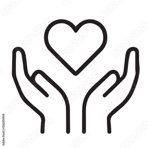 Minimalist black and white vector icon with two hands below a love symbol, outlined in black, representing care, affection, and emotional connection.

