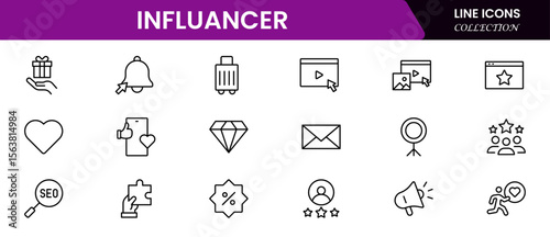 Influencer and blogging line icons collection. Big UI icon set in a flat design. Thin outline icons pack. Vector illustration
