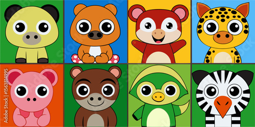 Wallpaper Mural Collection of eight cute cartoon animals in colorful squares Torontodigital.ca