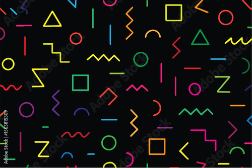 Colorful vector pattern background featuring abstract Memphis style curves, bold lines, and geometric shapes, creating a lively, energetic, and playful design.