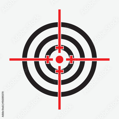 Simple flat target icon with concentric black and white circles, centered red dot, and crosshairs. Minimalist, geometric design with top-down view and no background.