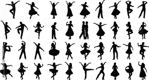 Silhouettes of dancers in motion, various dance styles and poses, expressive black figures on white background, symbolizing movement, rhythm, energy, and artistic creativity